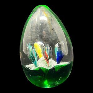 Handcrafted Murano Style Glass Egg Paperweight Colorful Swirl Bubbles Control Bu